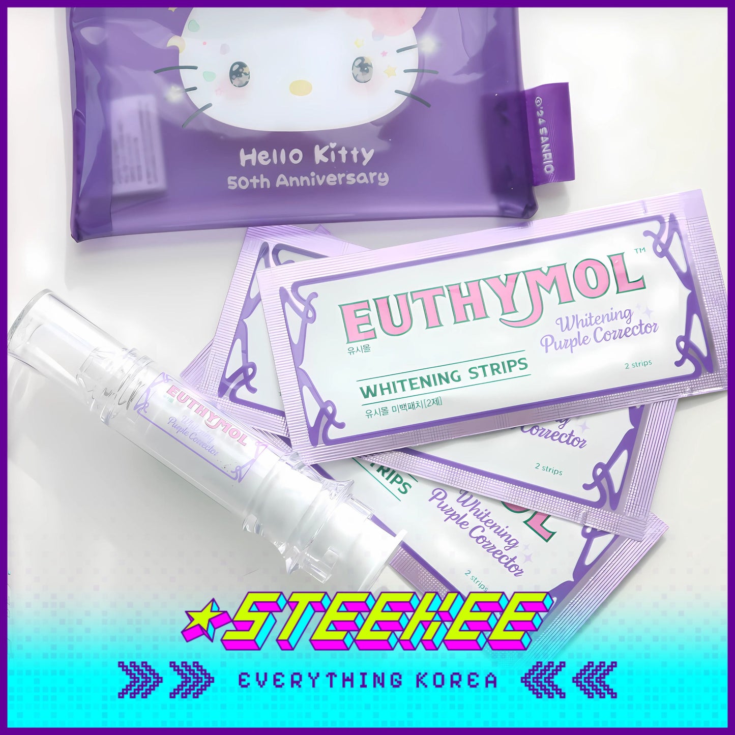 Hello Kitty X Euthymol Whitening Purple Booster and Teeth Strips 3 Pieces with Pouch by Steekee Korea 2424