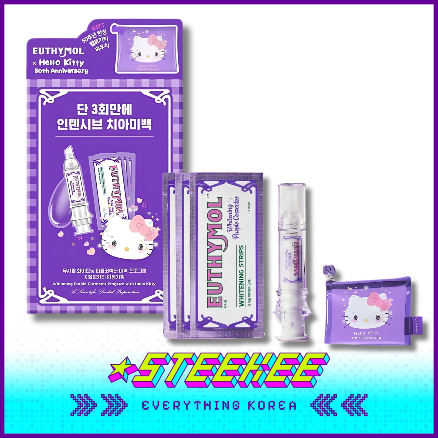 Hello Kitty X Euthymol Whitening Purple Booster and Teeth Strips 3 Pieces with Pouch by Steekee Korea 2424
