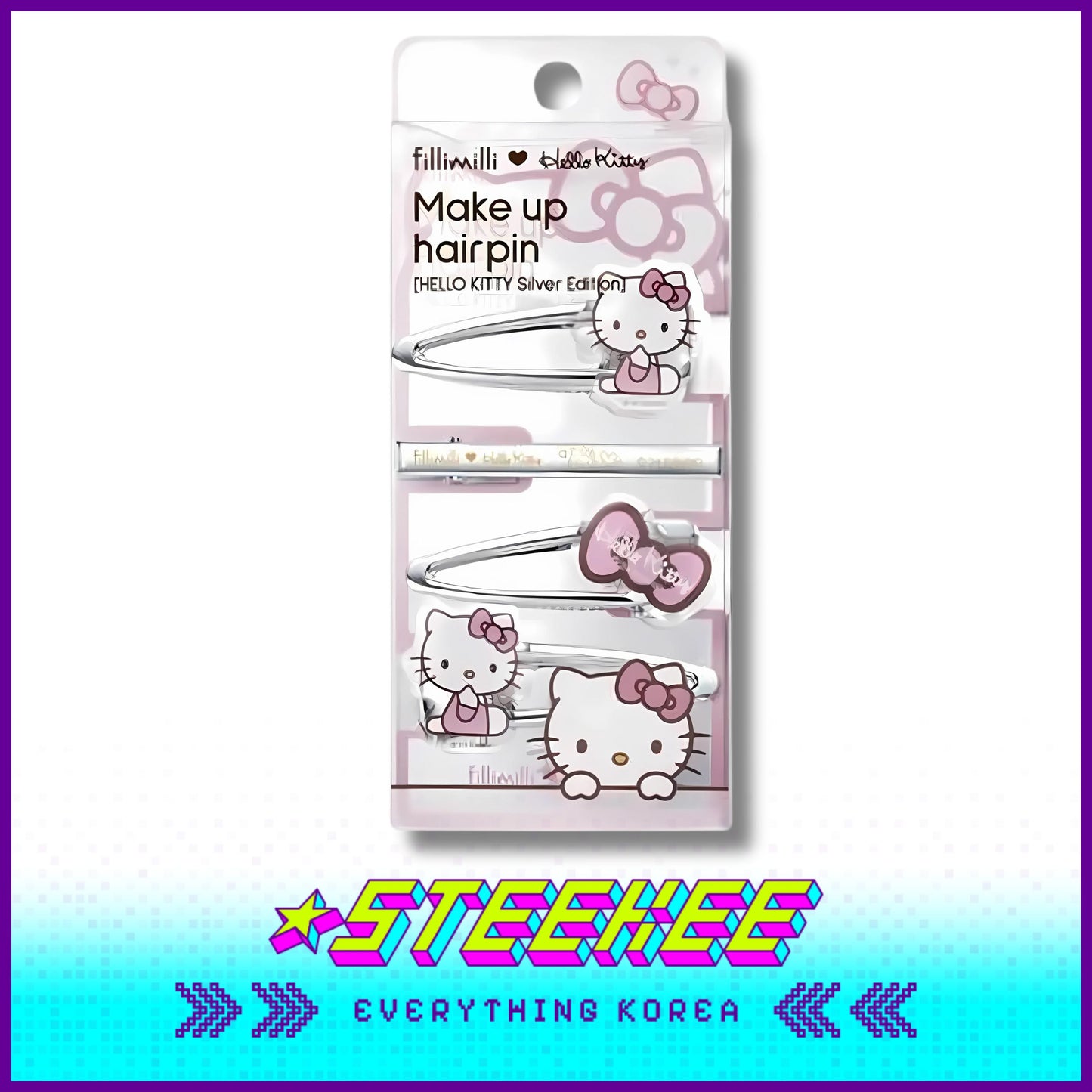 Hello Kitty X Fillimilli Makeup Silver Hair Accessories Pin Set of 4 by Steekee Korea 2422
