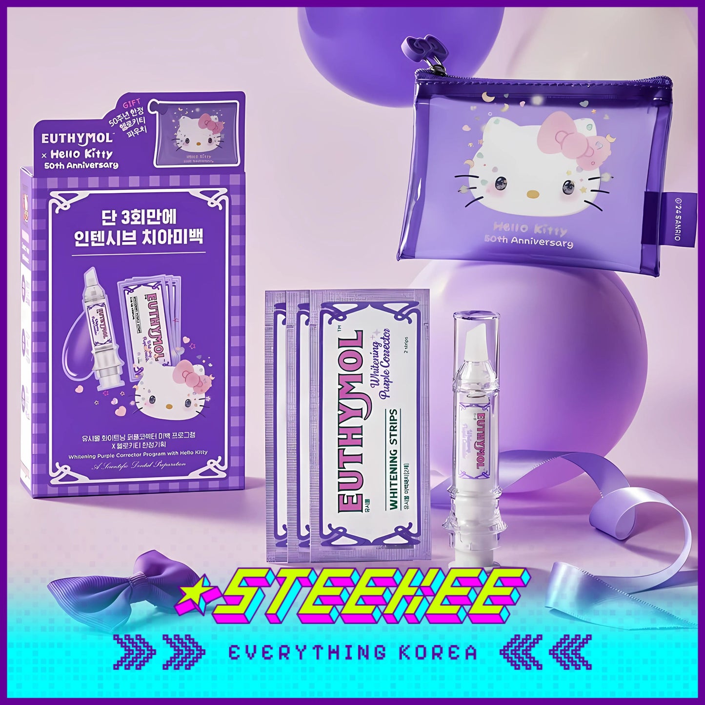 Hello Kitty X Euthymol Whitening Purple Booster and Teeth Strips 3 Pieces with Pouch by Steekee Korea 2424