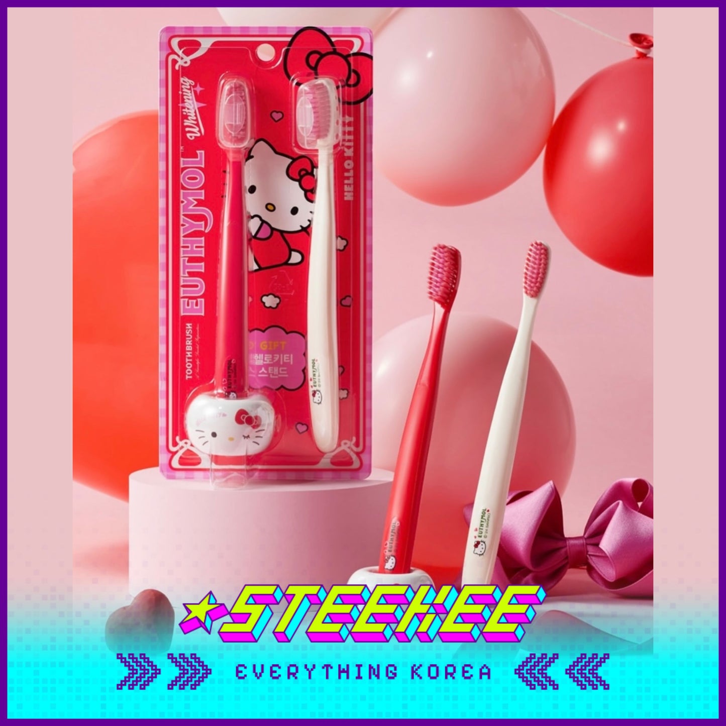 Hello Kitty X Euthymol Whitening Red Toothbrush Double Set with Holder by Steekee Korea 2425