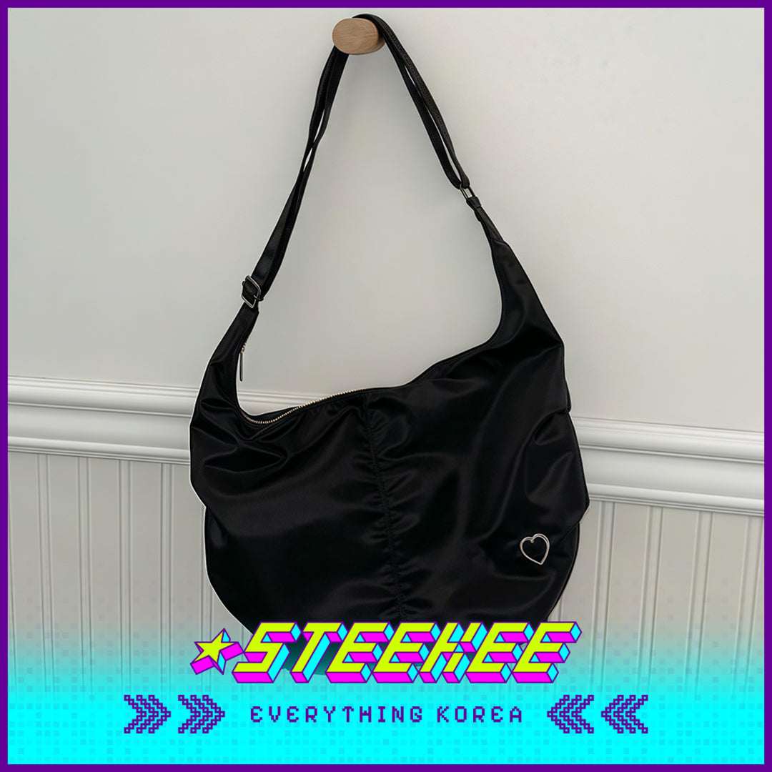 MAZZZZY Signature Heart-shaped Embroidered Nylon Shoulder Crossbody Bag Shell Bag Black by Steekee Korea 4224