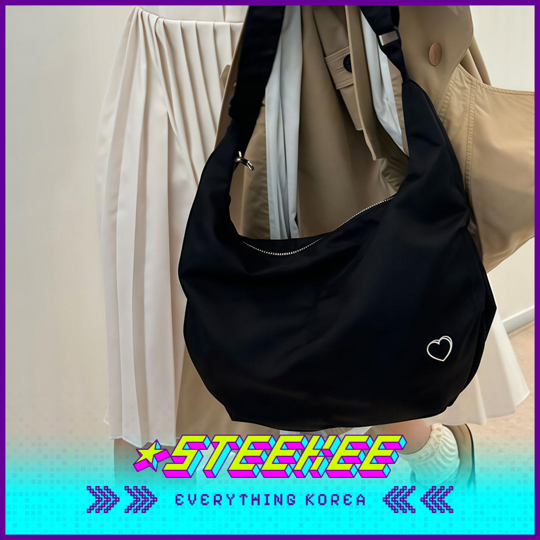 MAZZZZY Signature Heart-shaped Embroidered Nylon Shoulder Crossbody Bag Shell Bag Black by Steekee Korea 4224