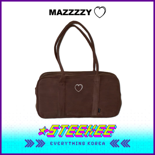 MAZZZZY棕色灯芯绒爱心刺绣单肩包波士顿包闪奇韩国4228
