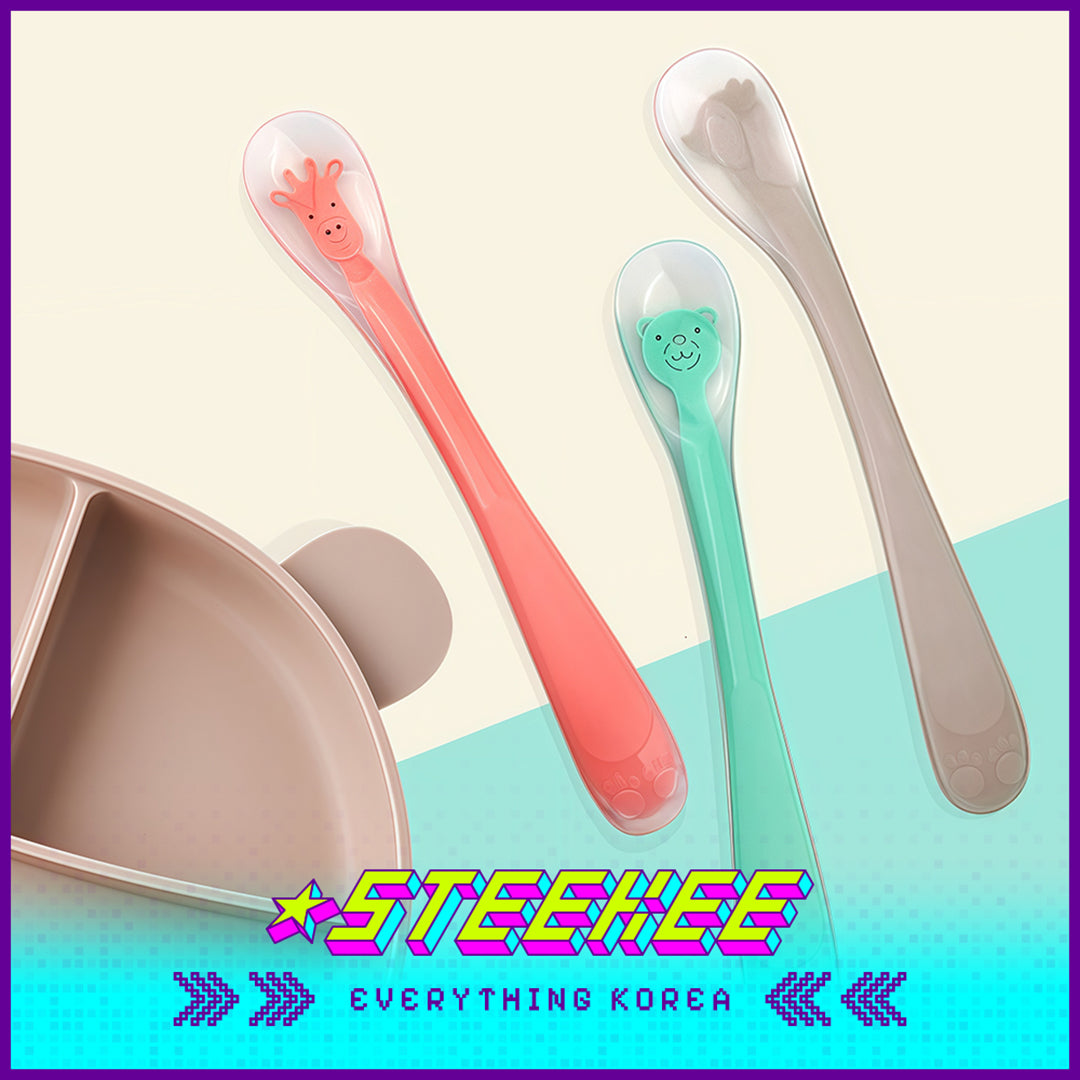 Hibee Animals Cute Soft Silicone Baby Infant Food Feeding Straight Curved Spoon Tableware by Steekee Korea 4327