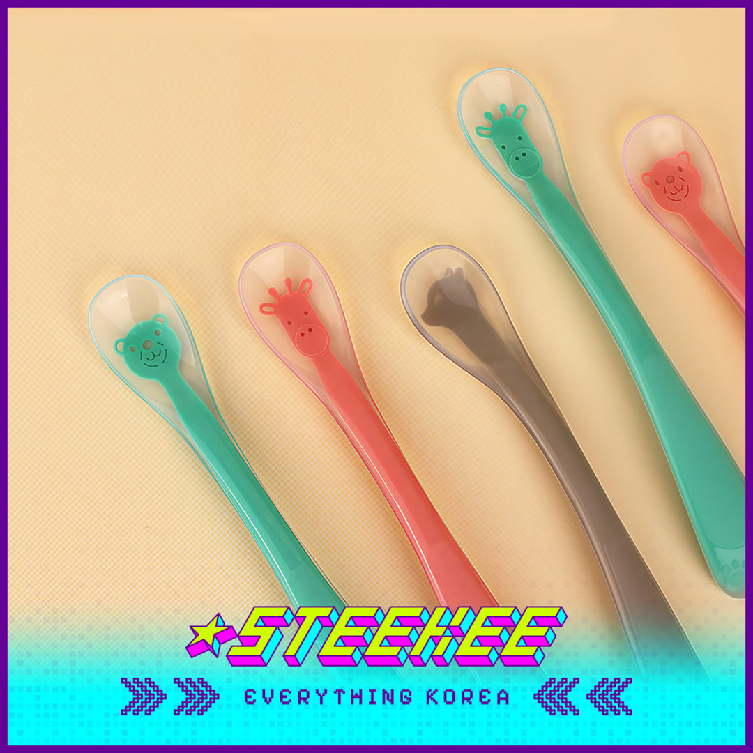 Hibee Animals Cute Soft Silicone Baby Infant Food Feeding Straight Curved Spoon Tableware by Steekee Korea 4327