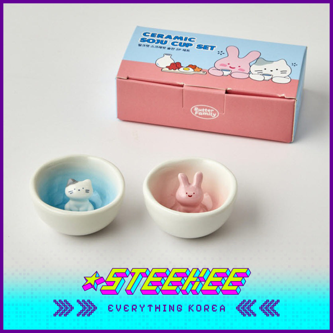 BUTTER SHOP Butter Family Milkcat Scrabbit Ceramic Tea Cup Gift Box Set of 2 by Steekee Korea 4349