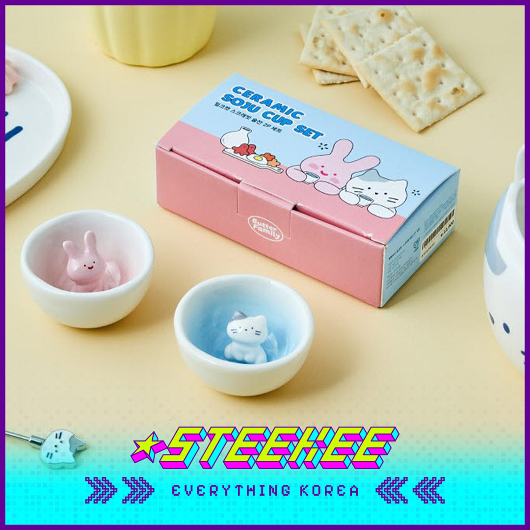 BUTTER SHOP Butter Family Milkcat Scrabbit Ceramic Tea Cup Gift Box Set of 2 by Steekee Korea 4349