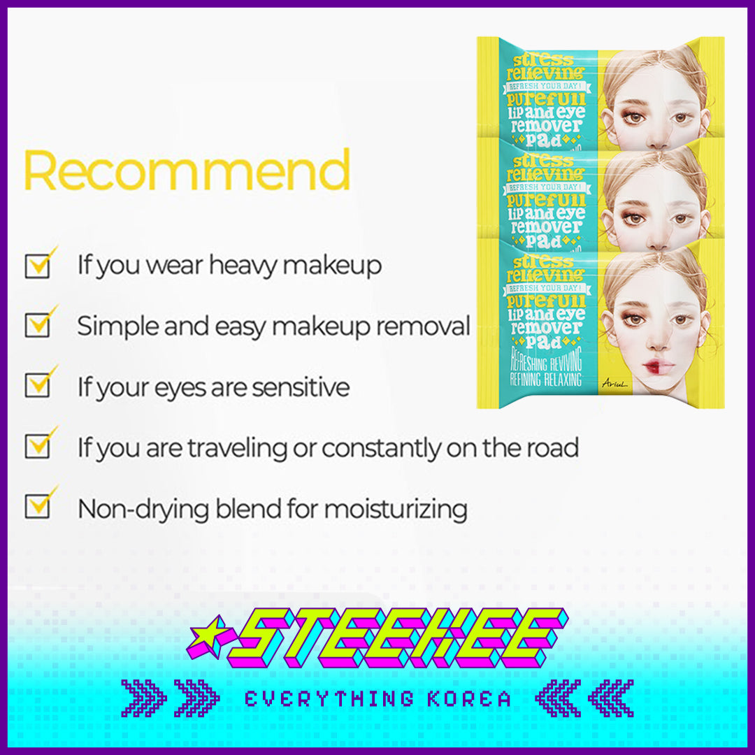 Ariul Stress Relieving Purefull Lip and Eye Remover Pad Set of 3 by Steekee Korea 4457