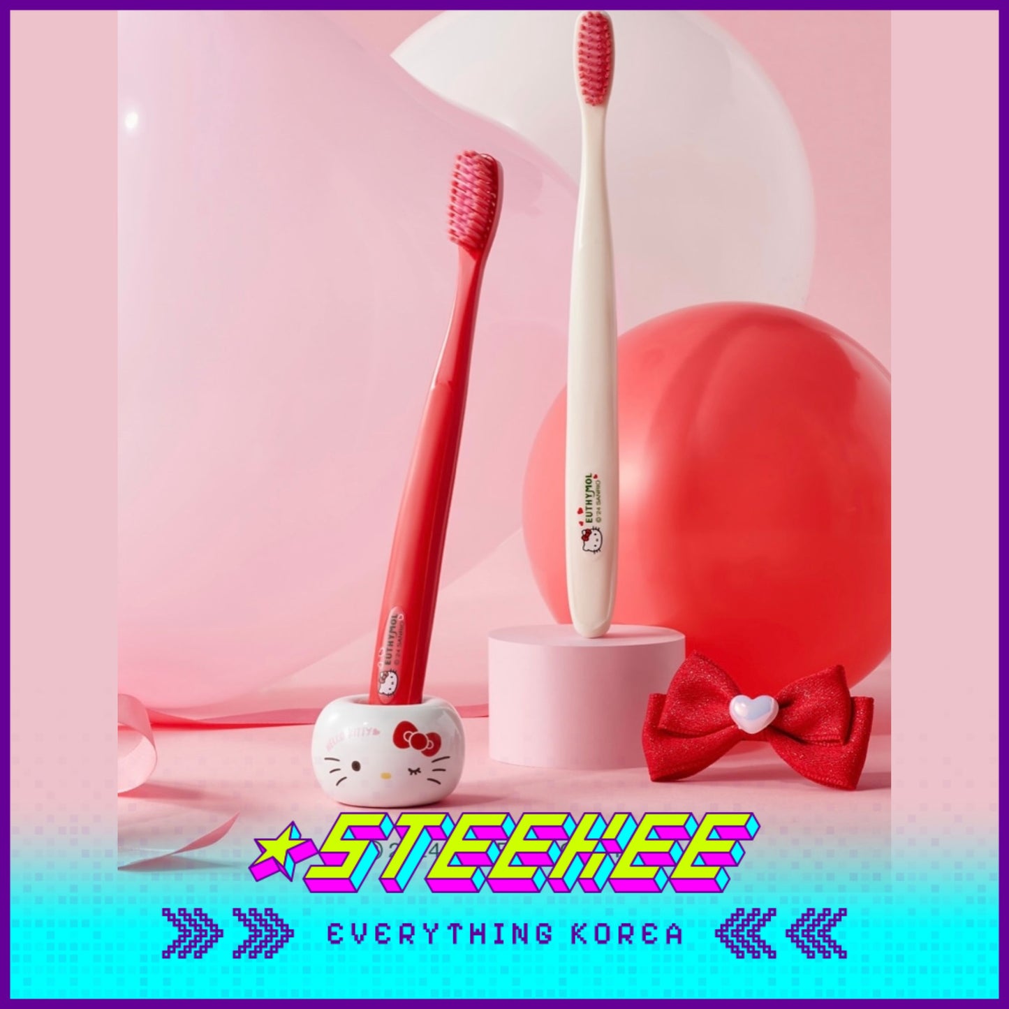 Hello Kitty X Euthymol Whitening Red Toothbrush Double Set with Holder by Steekee Korea 2425