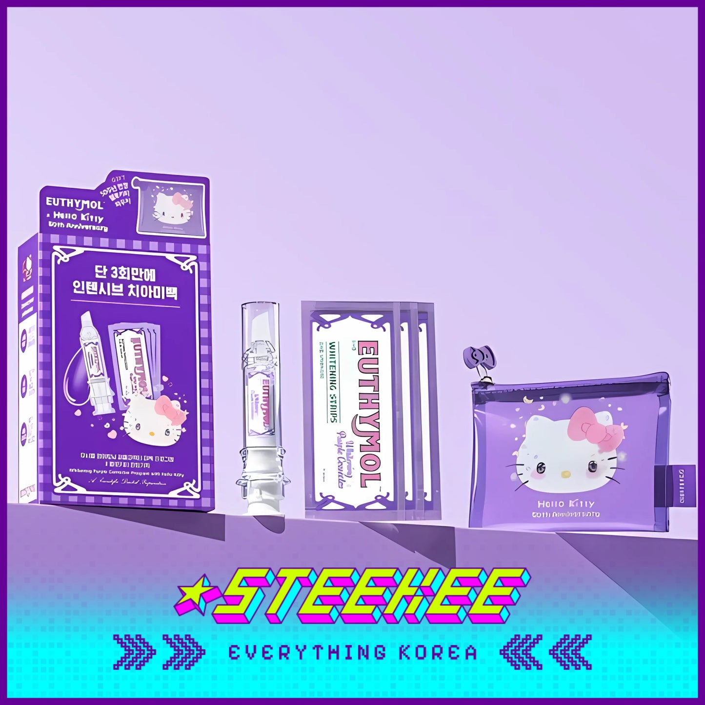 Hello Kitty X Euthymol Whitening Purple Booster and Teeth Strips 3 Pieces with Pouch by Steekee Korea 2424