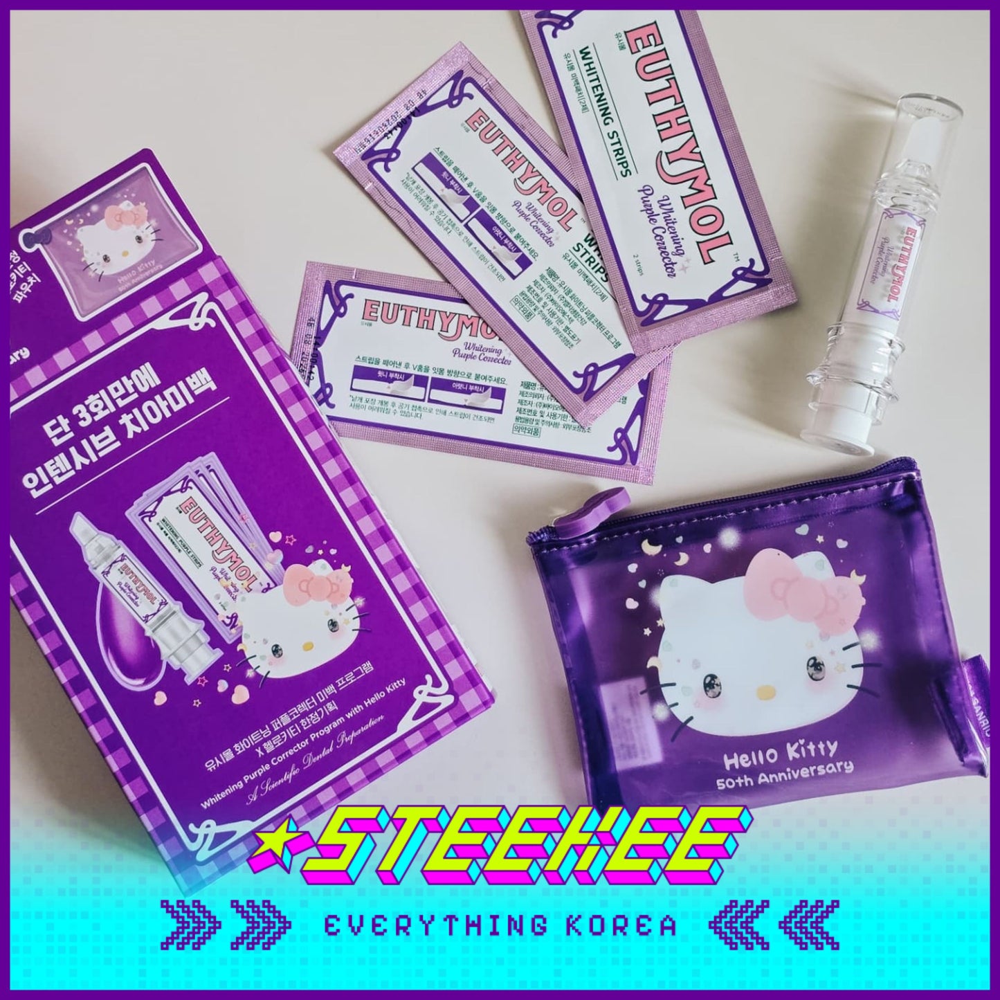 Hello Kitty X Euthymol Whitening Purple Booster and Teeth Strips 3 Pieces with Pouch by Steekee Korea 2424