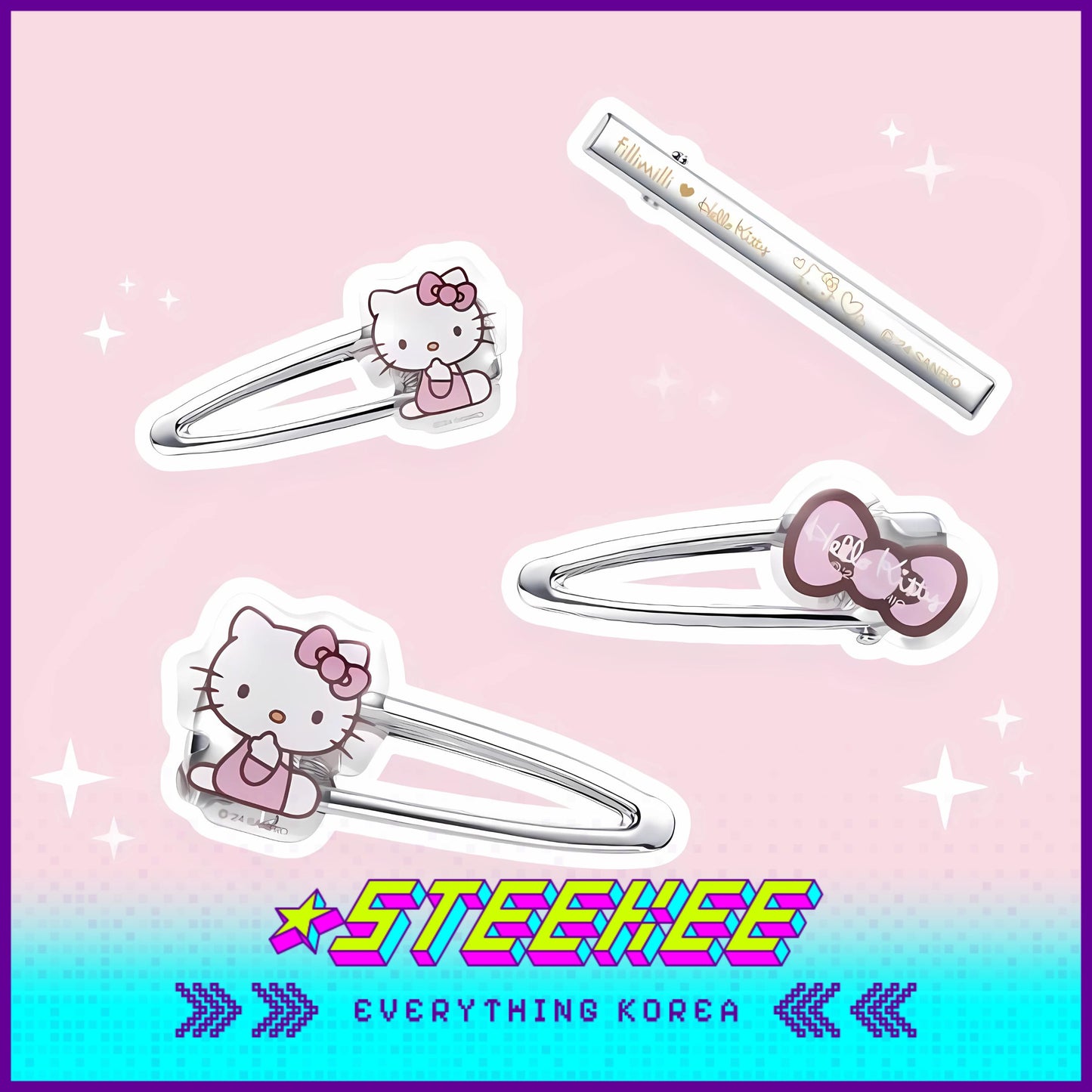 Hello Kitty X Fillimilli Makeup Silver Hair Accessories Pin Set of 4 by Steekee Korea 2422