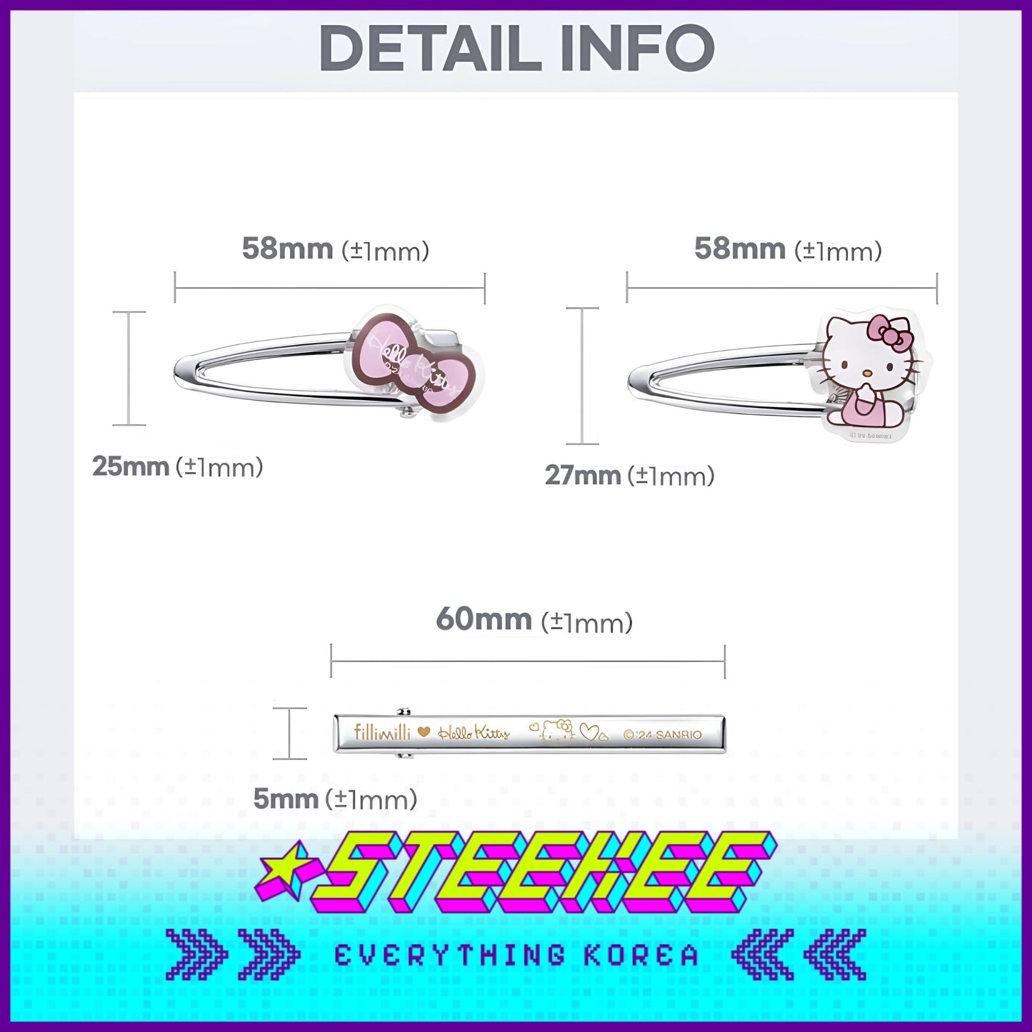 Hello Kitty X Fillimilli Makeup Silver Hair Accessories Pin Set of 4 by Steekee Korea 2422