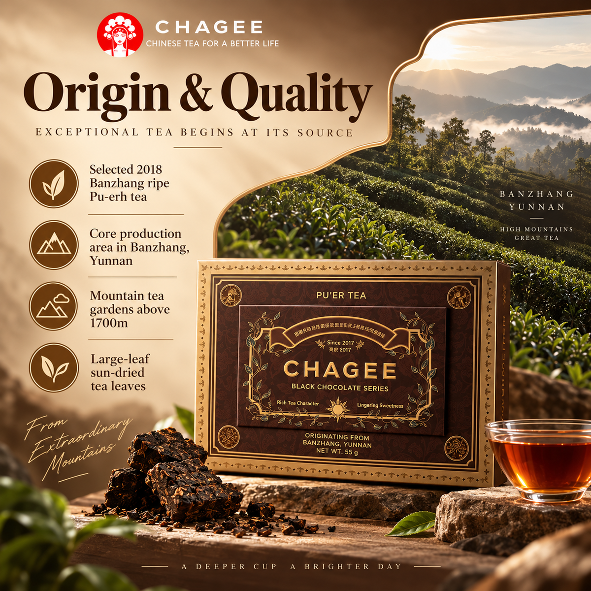 CHAGEE China Black Qiao Banzhang Ripe Pu-erh Compressed Tea Gift Box 55g