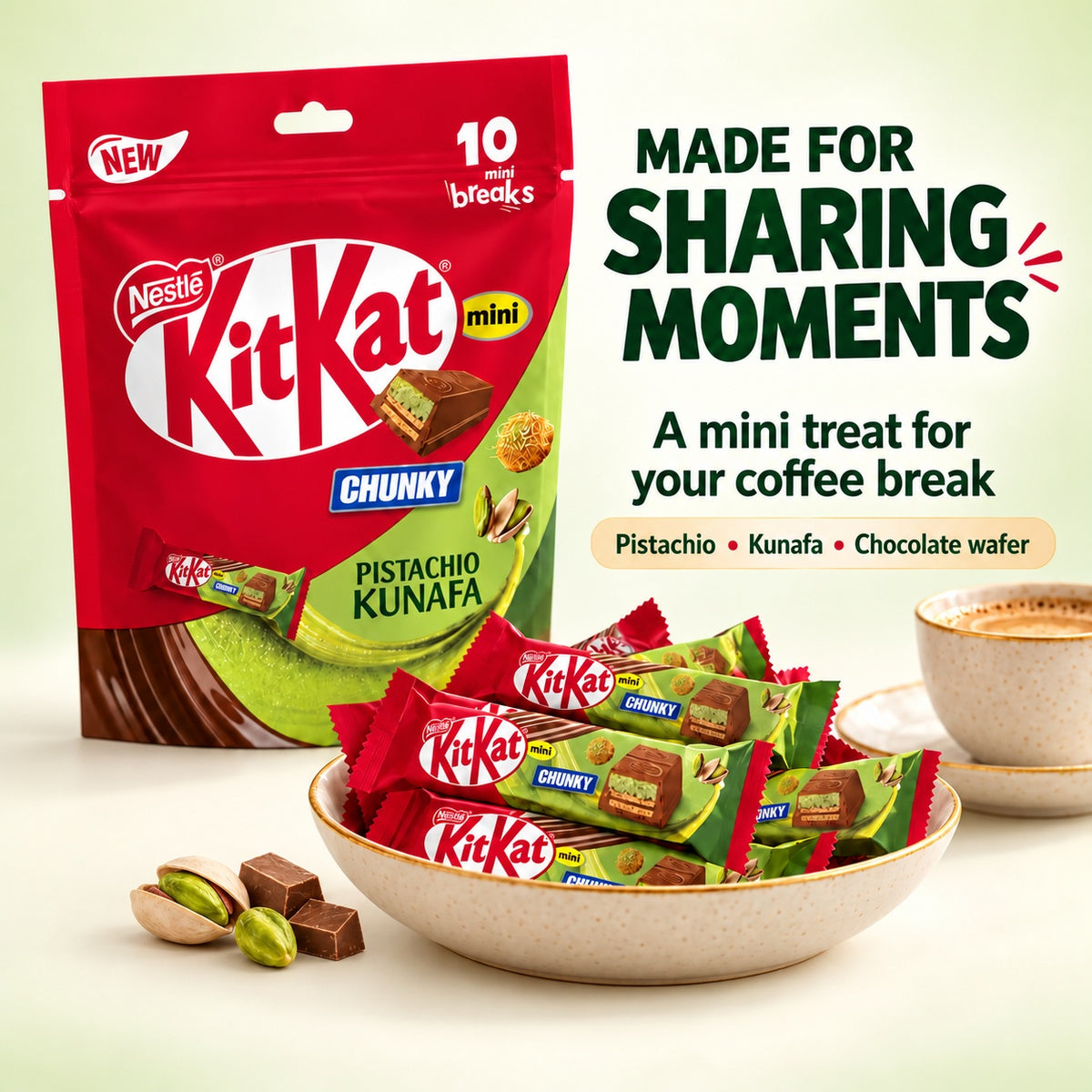 Nestlé Kit Kat Chunky Mini Pistachio Kunafa Milk Chocolate Wafer 166g 10 Mini Bars UAE