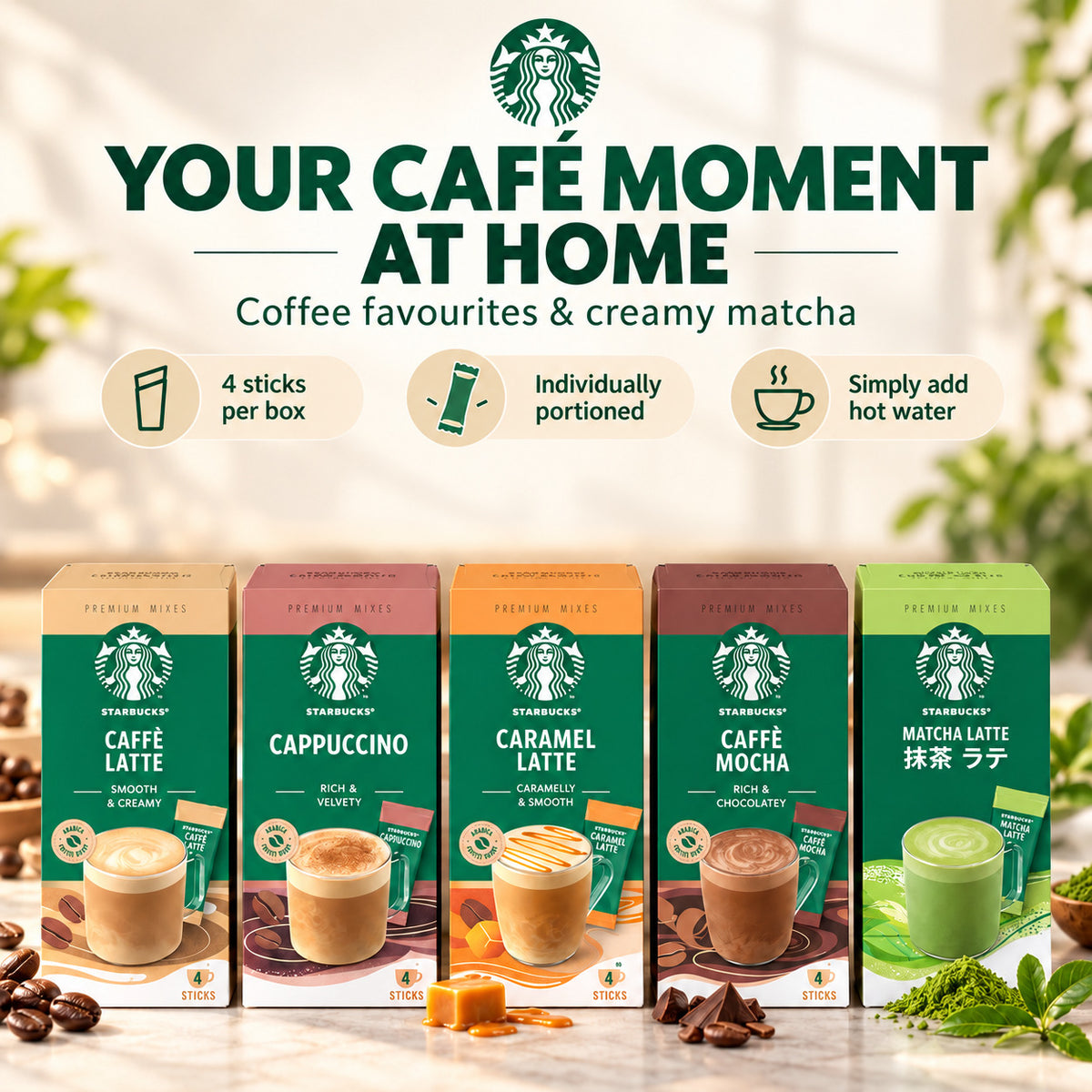 Starbucks Premium Instant Mixes Coffee 4 Sticks Caffè Latte Cappuccino Caramel Latte Caffè Mocha Matcha Latte