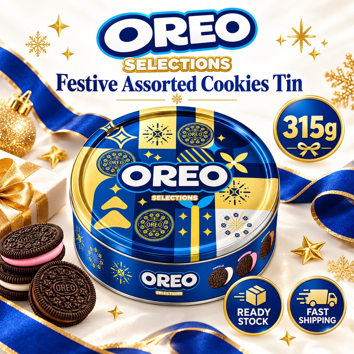 OREO Selections Assorted Christmas Cookies Gift Tin 315g Halal Vanilla Chocolate Strawberry Flavour