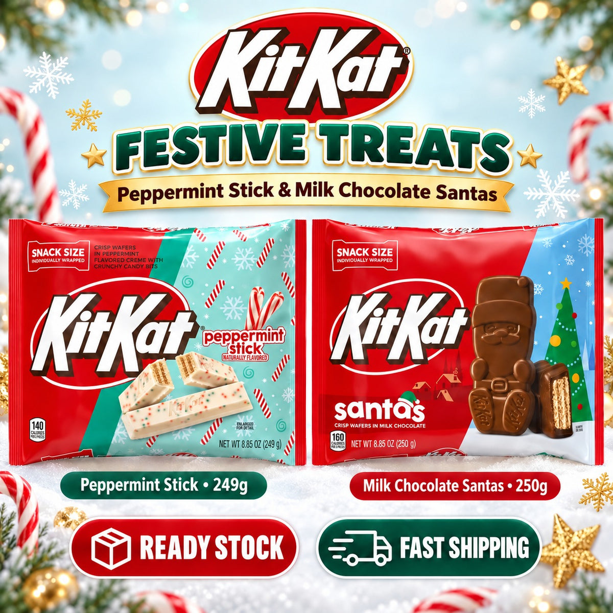 Kit Kat Christmas Snack Size Candy Peppermint Stick 249g Milk Chocolate Santas 250g