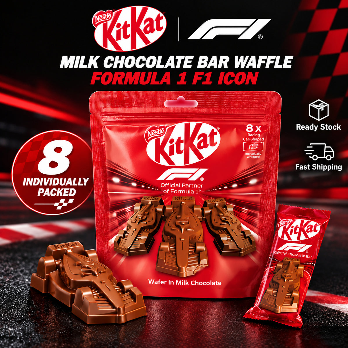 Nestle Kitkat F1 Racing Formula 1 Edition Car Shaped Milk Chocolate Bar Wafer Snack 8 Packs 88g