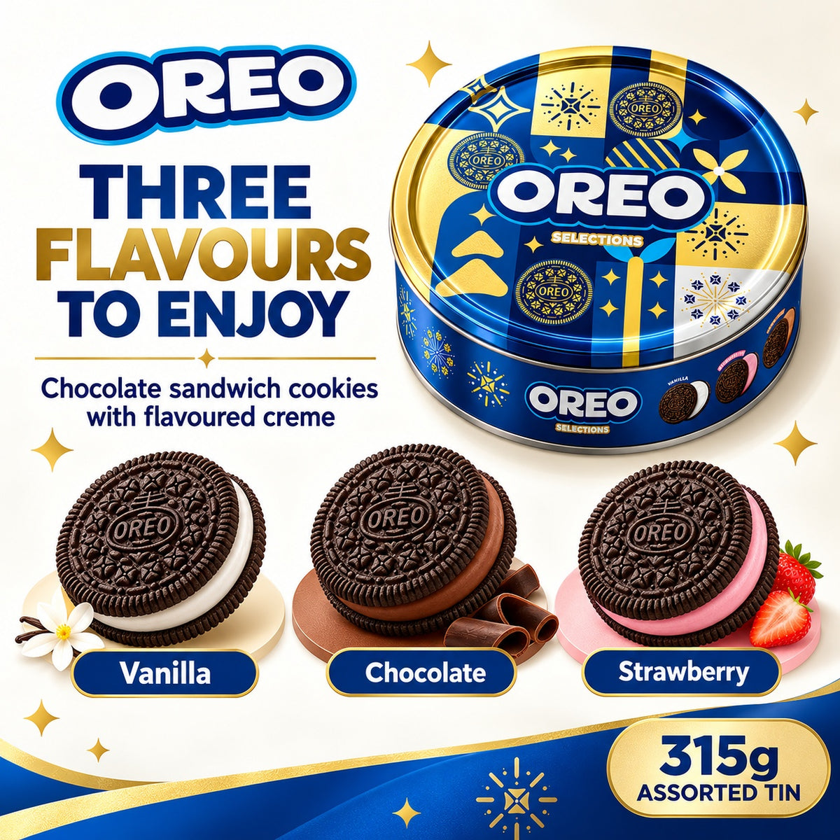 OREO Selections Assorted Christmas Cookies Gift Tin 315g Halal Vanilla Chocolate Strawberry Flavour