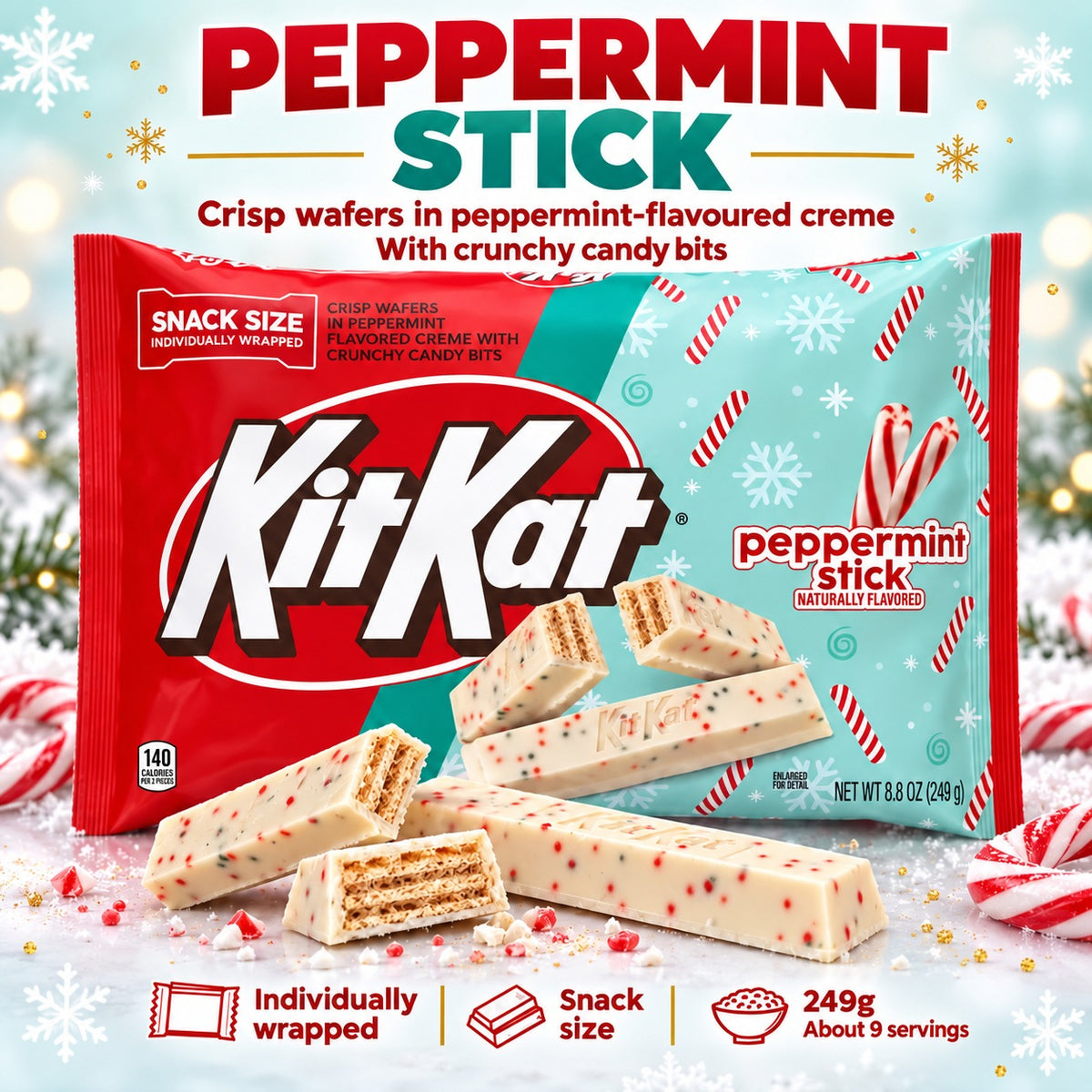 Kit Kat Christmas Snack Size Candy Peppermint Stick 249g Milk Chocolate Santas 250g