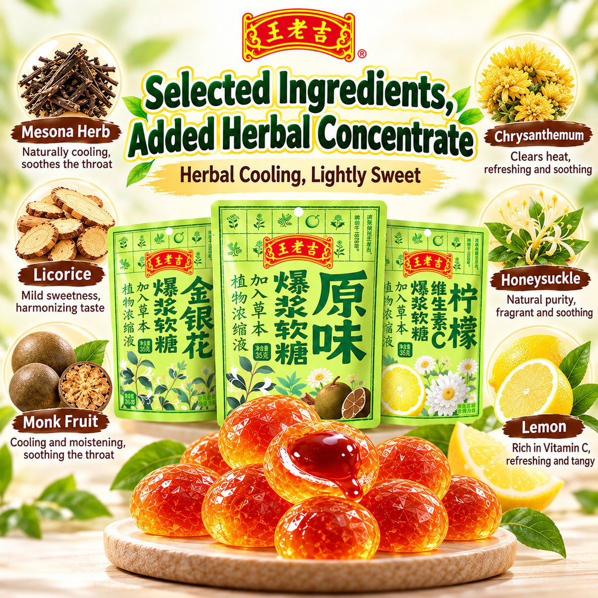 Wang Lao Ji 王老吉 Herbal Liquid Filled Gummy Candy 35g Bursting Soft Candy Original Honeysuckle Lemon Vitamin C