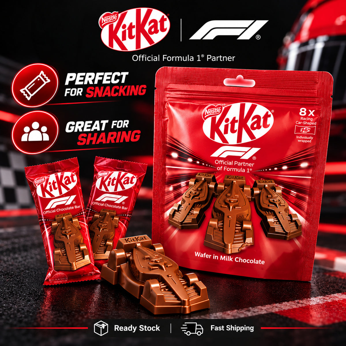 Nestle Kitkat F1 Racing Formula 1 Edition Car Shaped Milk Chocolate Bar Wafer Snack 8 Packs 88g