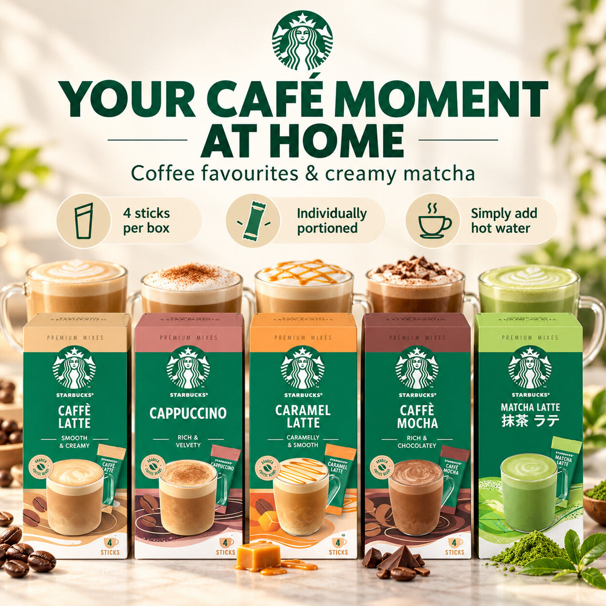 Starbucks Premium Instant Mixes Coffee 4 Sticks Caffè Latte Cappuccino Caramel Latte Caffè Mocha Matcha Latte