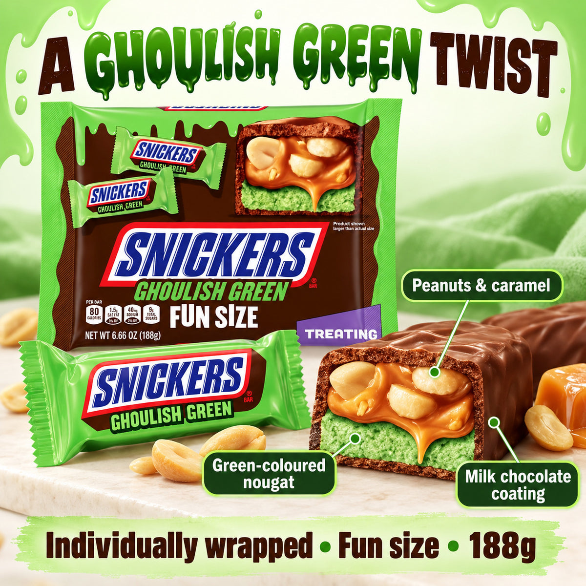 SNICKERS Halloween Treats Fun Size Chocolate Candy Pumpkin Shapes 155g Ghoulish Green 188g