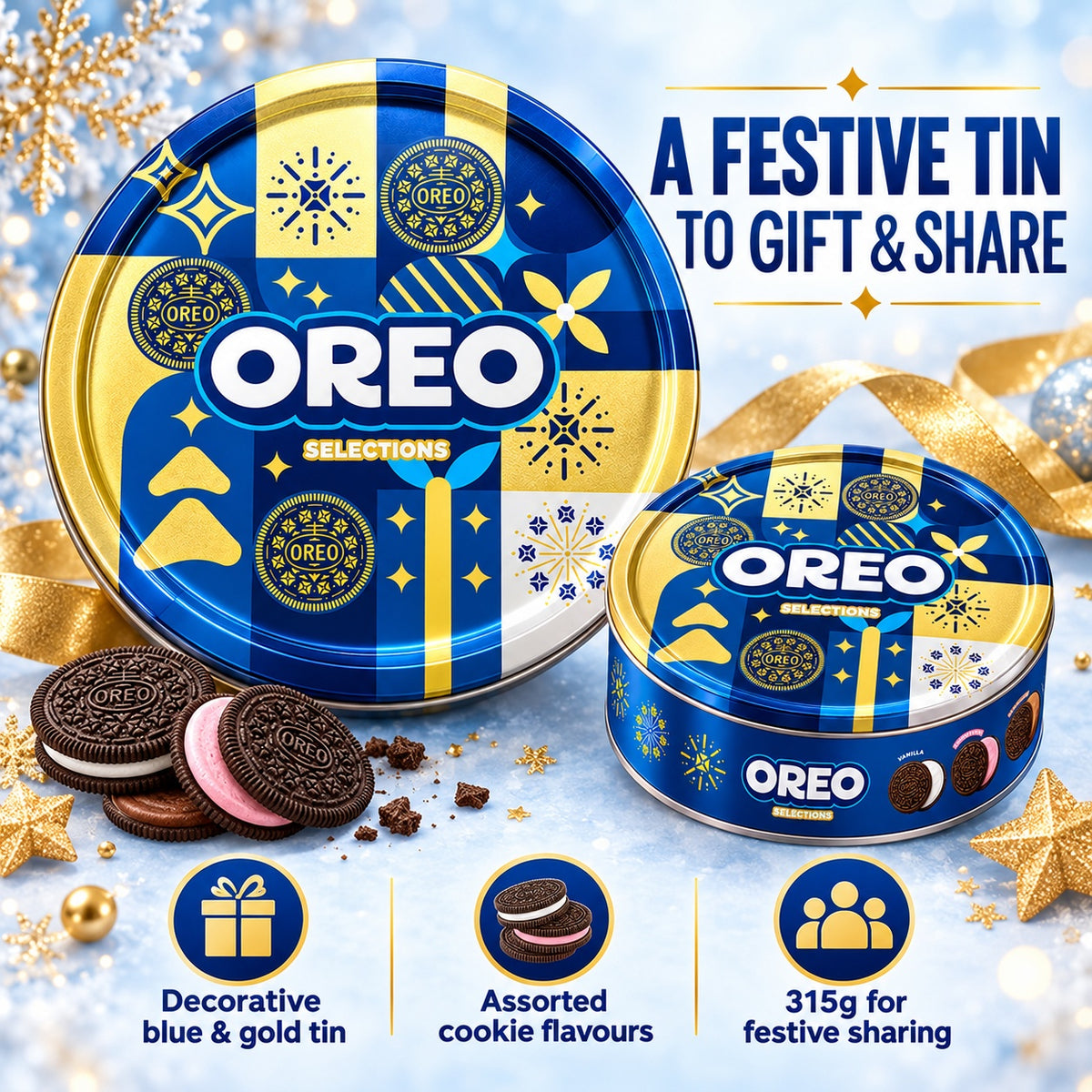 OREO Selections Assorted Christmas Cookies Gift Tin 315g Halal Vanilla Chocolate Strawberry Flavour