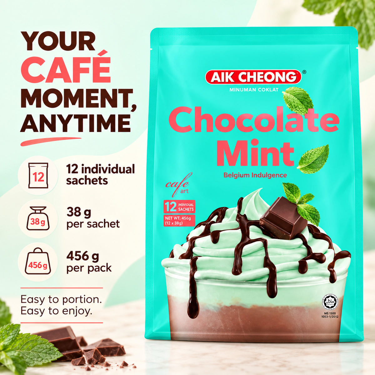 Aik Cheong Malaysia Café Art Chocolate Mint Instant Drink 456g 12 Sachets