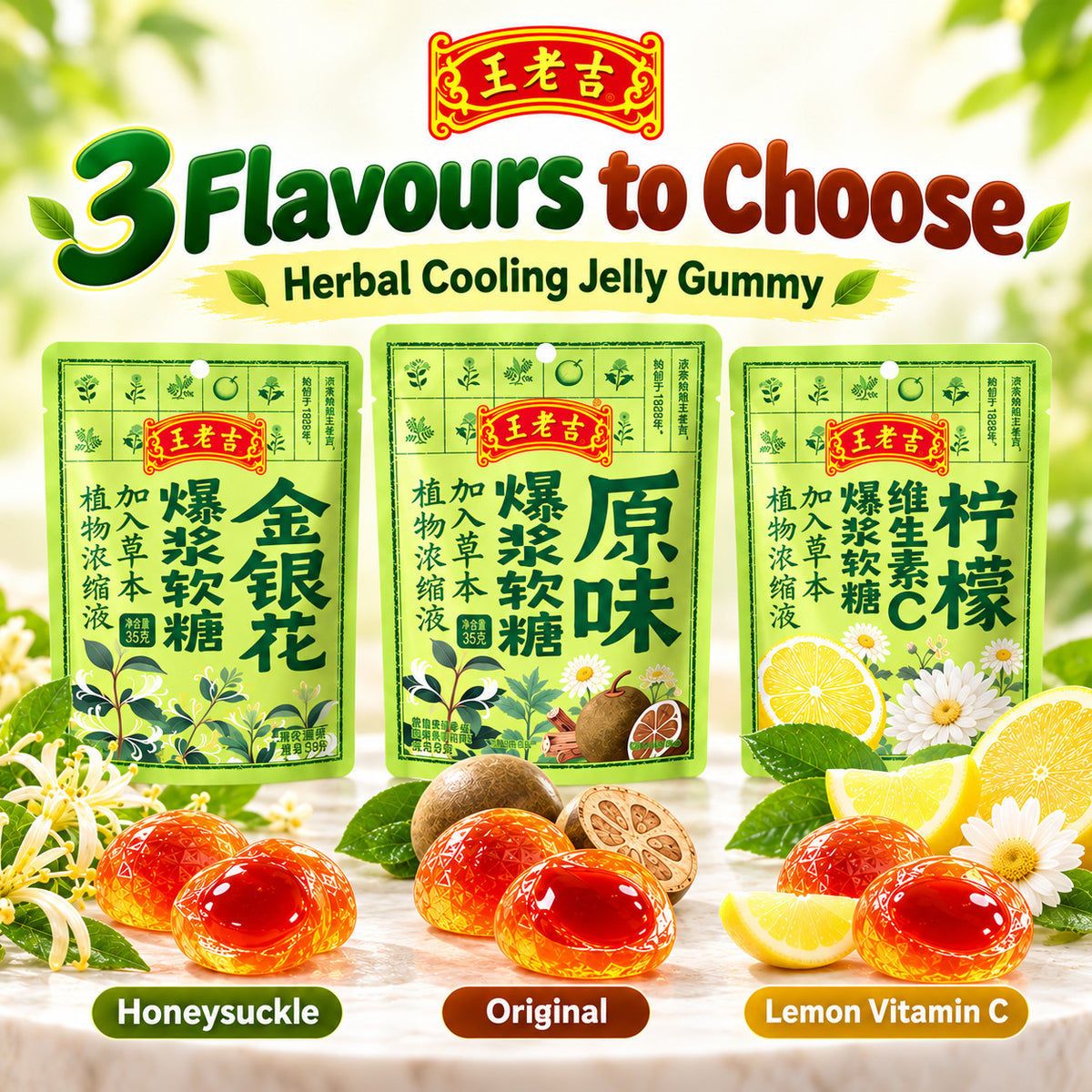Wang Lao Ji 王老吉 Herbal Liquid Filled Gummy Candy 35g Bursting Soft Candy Original Honeysuckle Lemon Vitamin C