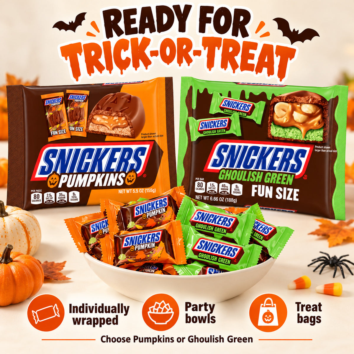 SNICKERS Halloween Treats Fun Size Chocolate Candy Pumpkin Shapes 155g Ghoulish Green 188g