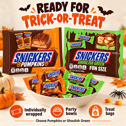 SNICKERS Halloween Treats Fun Size Chocolate Candy Pumpkin Shapes 155g Ghoulish Green 188g