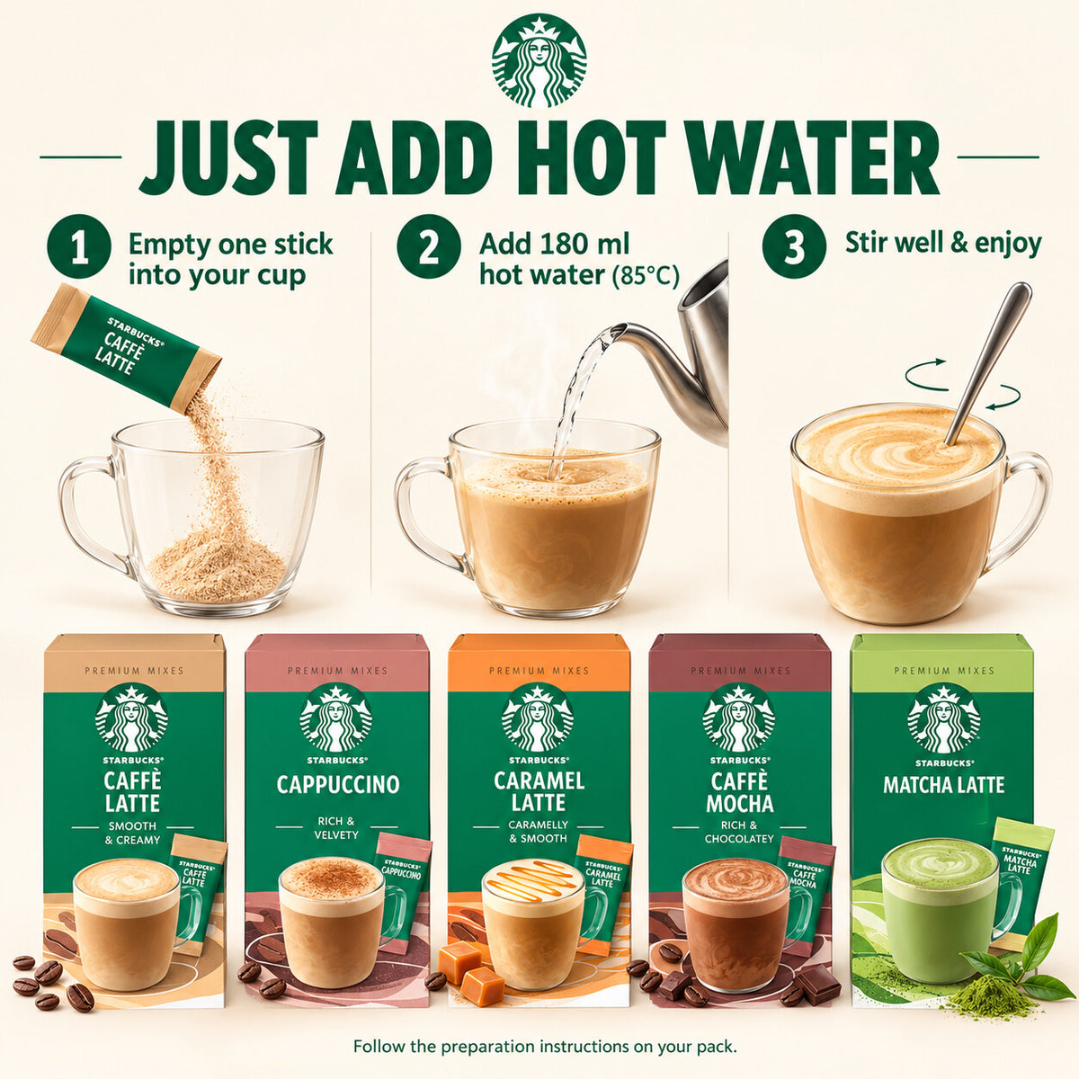 Starbucks Premium Instant Mixes Coffee 4 Sticks Caffè Latte Cappuccino Caramel Latte Caffè Mocha Matcha Latte