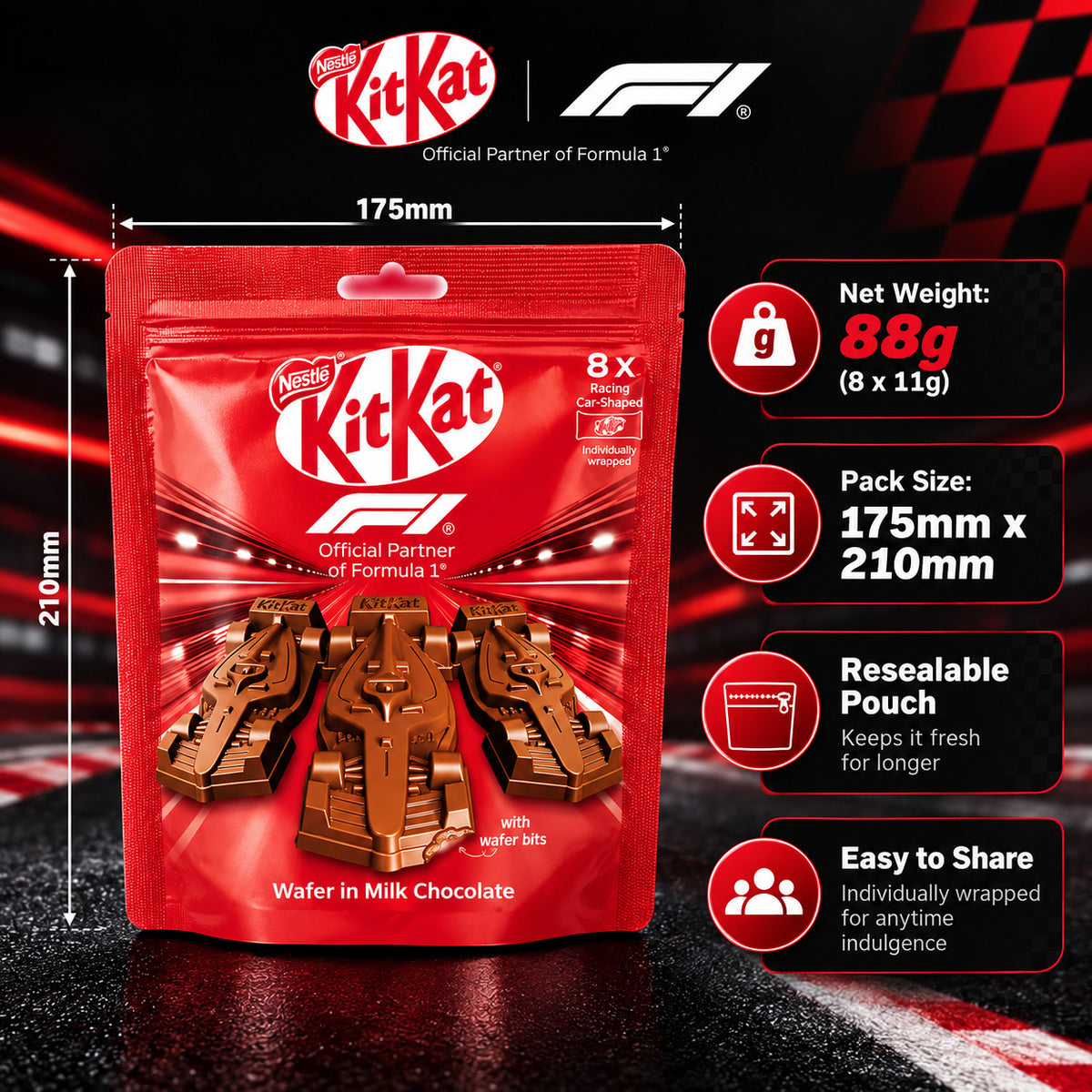 Nestle Kitkat F1 Racing Formula 1 Edition Car Shaped Milk Chocolate Bar Wafer Snack 8 Packs 88g