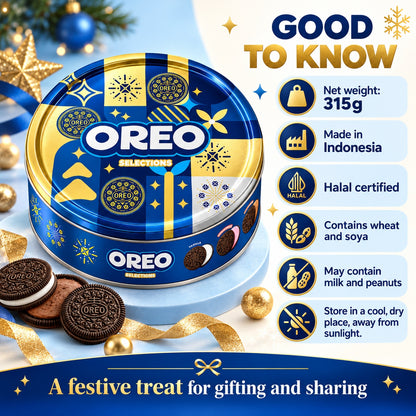 OREO Selections Assorted Christmas Cookies Gift Tin 315g Halal Vanilla Chocolate Strawberry Flavour