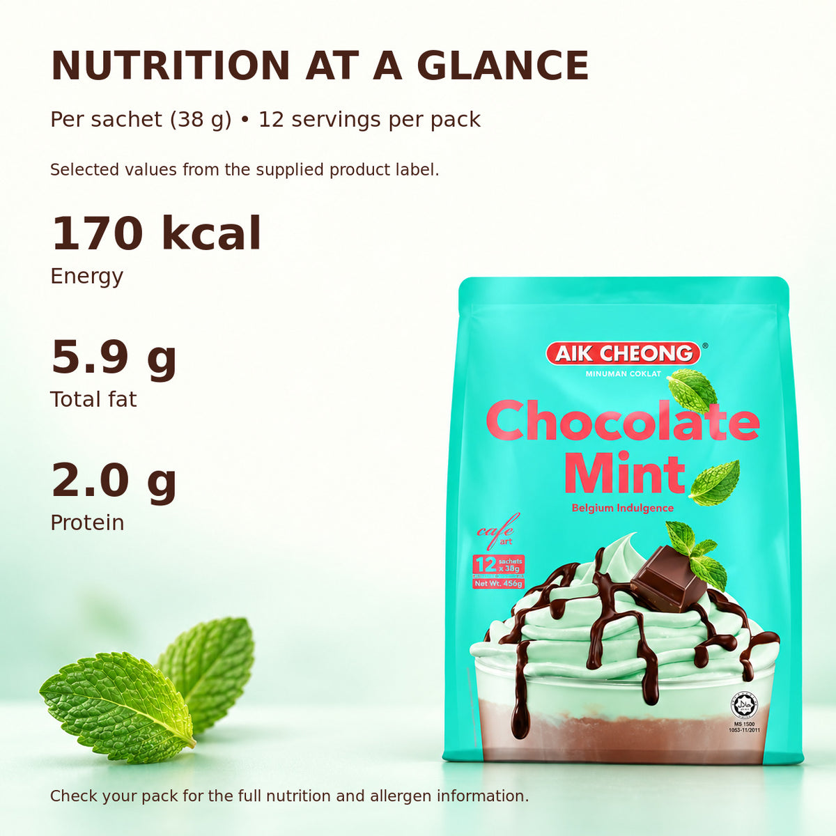 Aik Cheong Malaysia Café Art Chocolate Mint Instant Drink 456g 12 Sachets