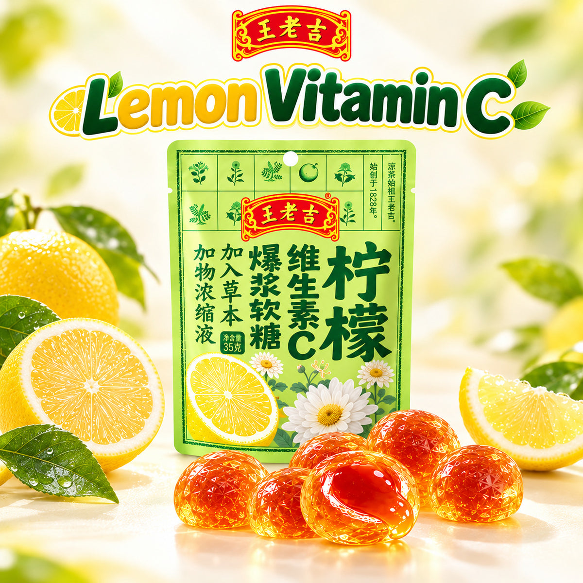 Wang Lao Ji 王老吉 Herbal Liquid Filled Gummy Candy 35g Bursting Soft Candy Original Honeysuckle Lemon Vitamin C