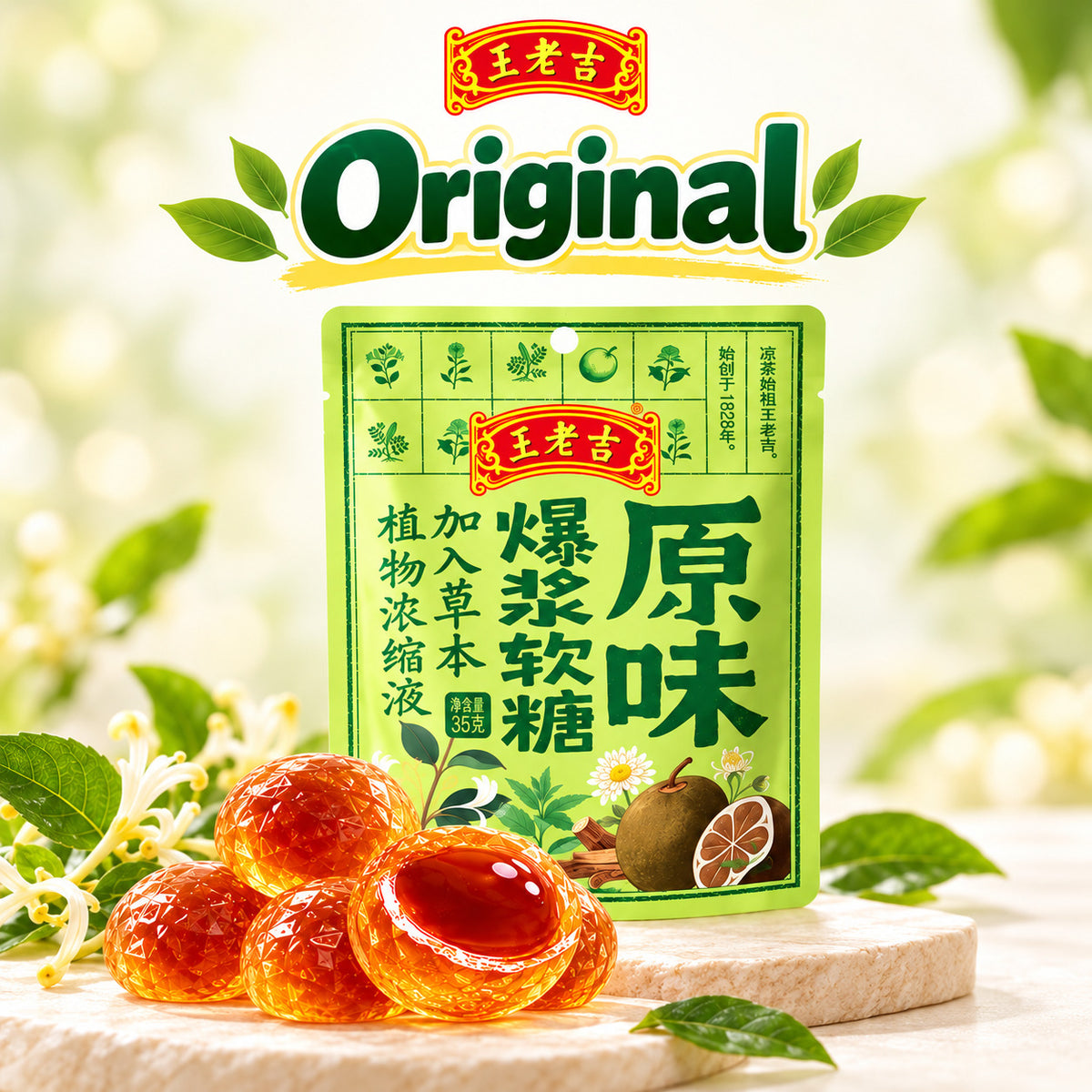 Wang Lao Ji 王老吉 Herbal Liquid Filled Gummy Candy 35g Bursting Soft Candy Original Honeysuckle Lemon Vitamin C