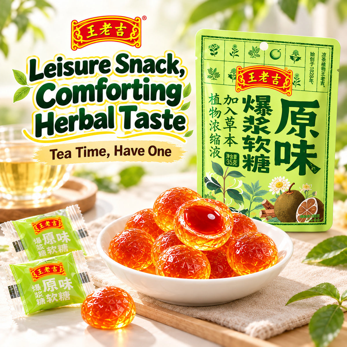Wang Lao Ji 王老吉 Herbal Liquid Filled Gummy Candy 35g Bursting Soft Candy Original Honeysuckle Lemon Vitamin C