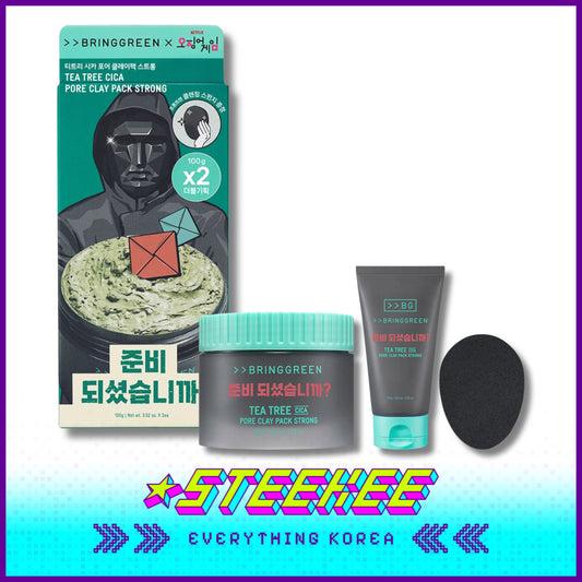 BRING GREEN X Netflix Squid Game Tea Tree Cica Pore Clay Mask Strong  Set with Cleansing Sponge by Steekee Korea 2449