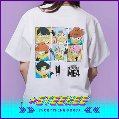 BTS X Despicable Me 4 Minions Short Sleeve White Cotton T-Shirt by Steekee Korea 2648