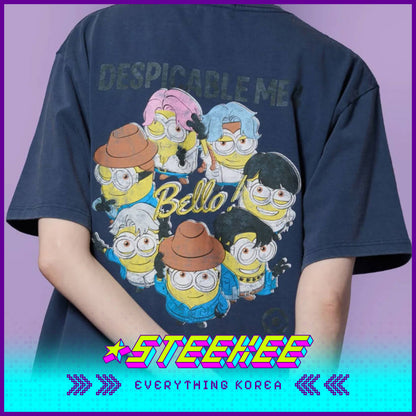 BTS X Despicable Me 4 Minions Short Sleeve Blue Cotton T-Shirt by Steekee Korea 2650