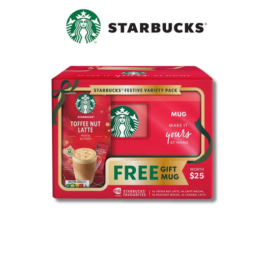Starbucks Christmas Festive Variety Pack with Mug Toffee Nut Latte Caffè Mocha Caramel Latte 16 Sticks 364g