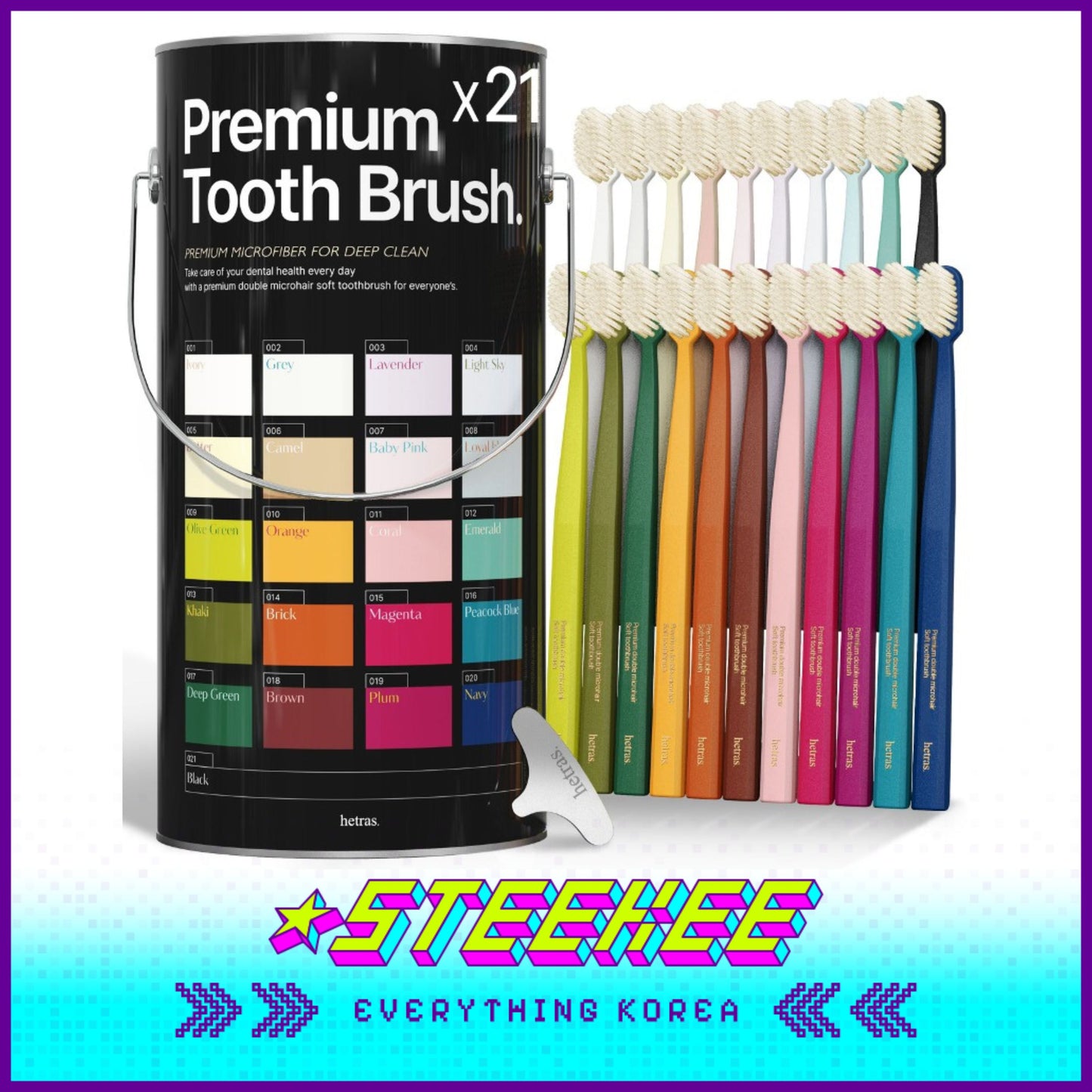 Hetras Premium Microfiber Soft Toothbrush 21 Pastel Colours with Case Opener by Steekee Korea 2458