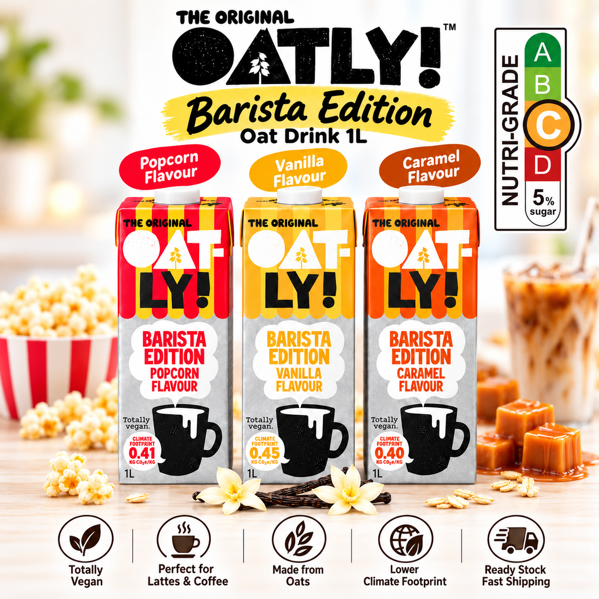 OATLY Barista Edition Flavoured Oat Drink 1L Popcorn Vanilla Caramel Vegan For Coffee Latte