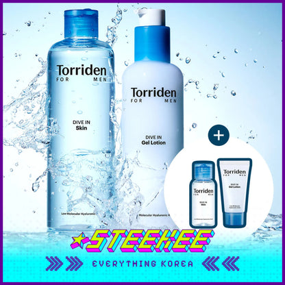 Torriden Dive-In For Men Low Molecular Hyaluronic Acid Skin Toner Gel Lotion Set with Travel Size by Steekee Korea 2439