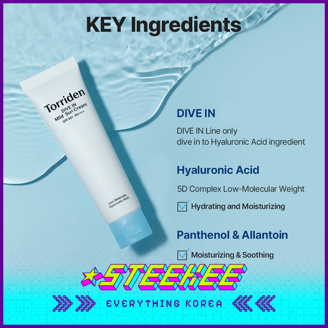 Torriden DIVE IN Mild Sun Cream SPF 50+ PA++++ Moisturizing Hyaluronic Acid Sunscreen 60ml by Steekee Korea 4079